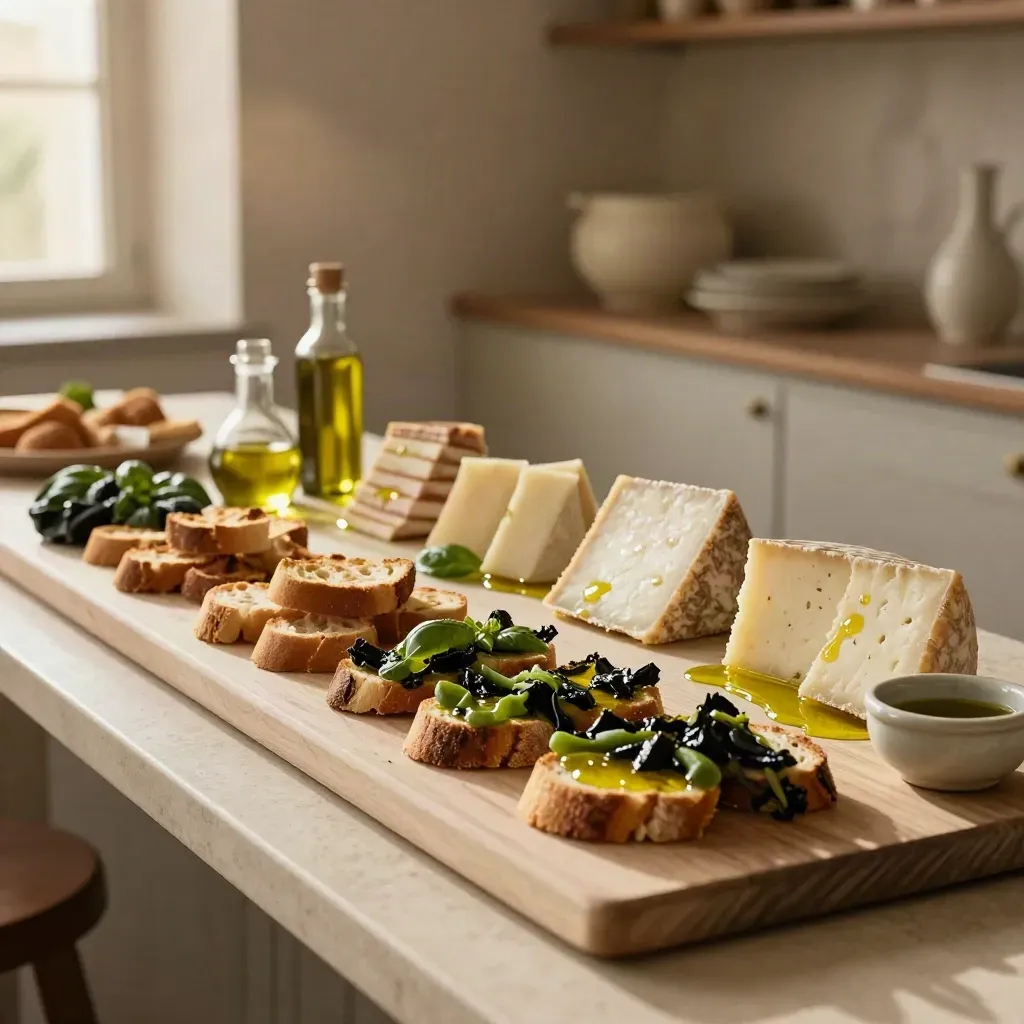 Bruschette, verdure grigliate, formaggi e olio su tagliere rustico, luce calda.