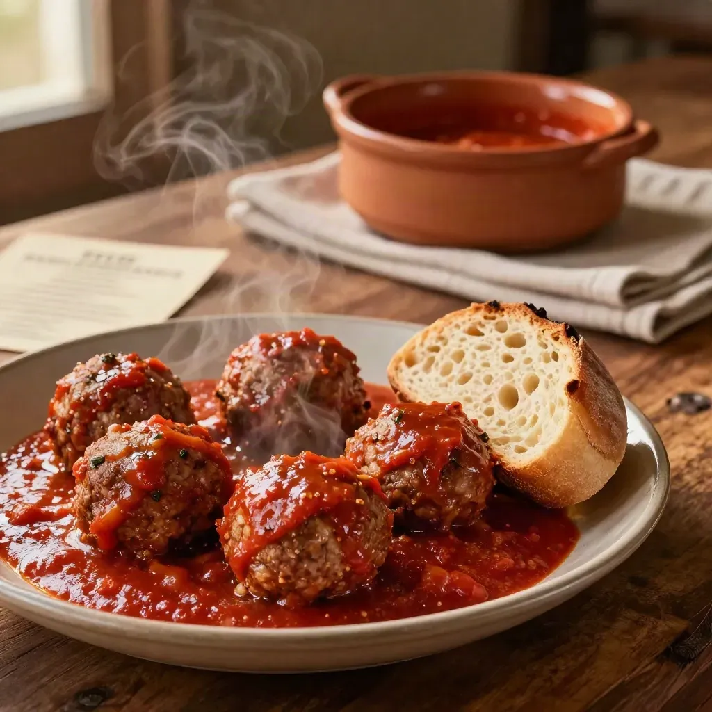 Polpette al sugo in cocotte di terracotta con pane caldo e vapore sulla tavola