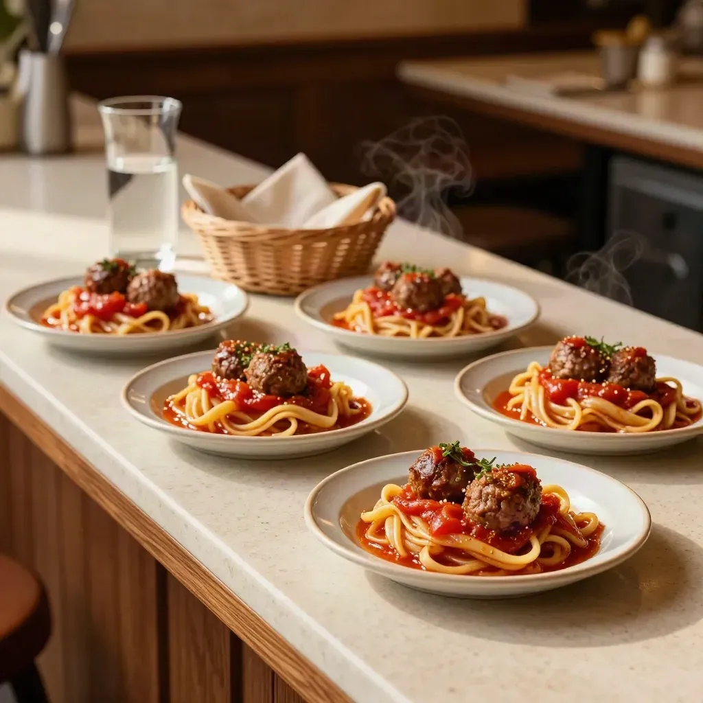 Banco di servizio con quattro piatti caldi, cestino del pane e caraffa d’acqua, con vapore leggero.