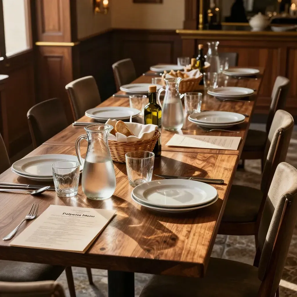 Tavoli già apparecchiati in un ristorante italiano, con piatti, brocche e cestini di pane.