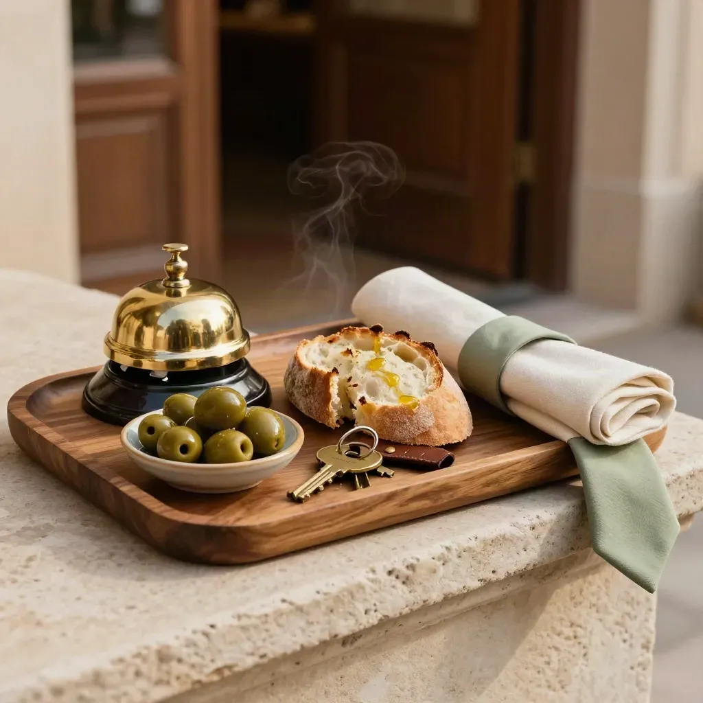 Campanella, vassoio di benvenuto con olive, pane e chiavi su soglia rustica.