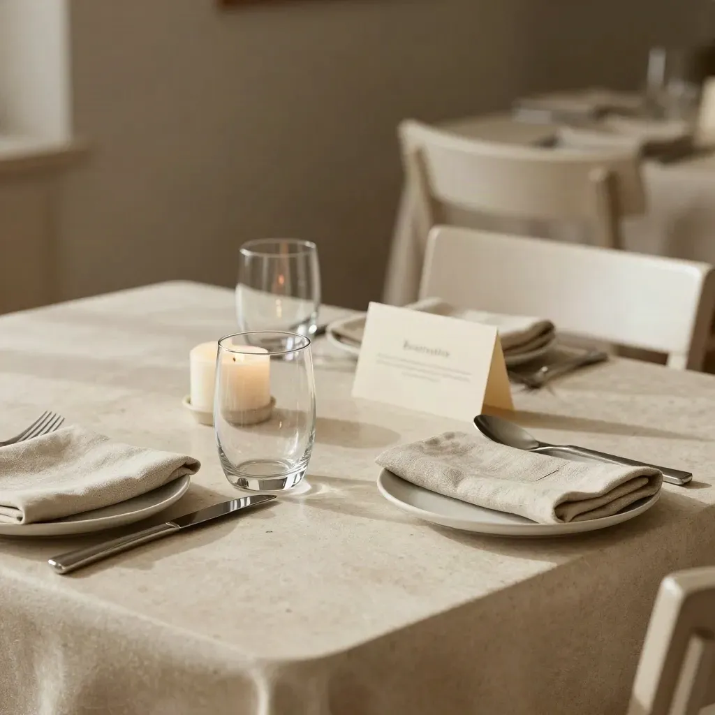 Tavolo apparecchiato per due con bicchieri, posate e candela spenta in sala calma