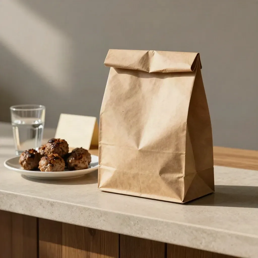 Borsa take-away in kraft accanto a piatto apparecchiato e bicchiere su tavolo in legno