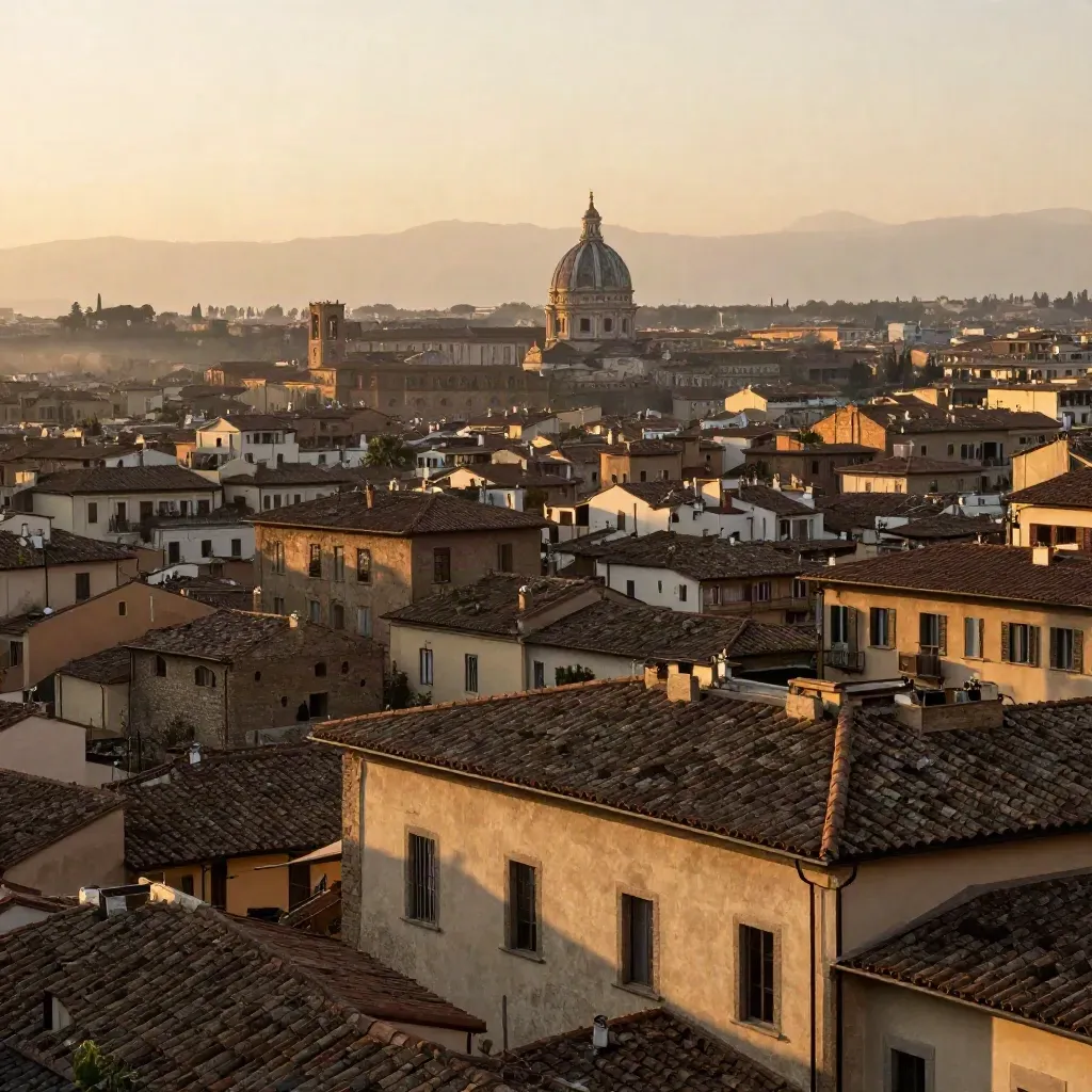Tramonto su Trastevere e Monteverde con tetti in terracotta e cupola lontana.